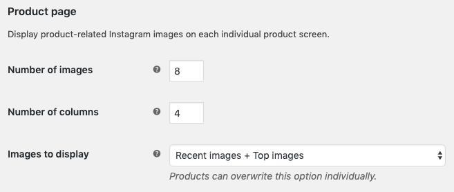 Instagram settings for the product pages