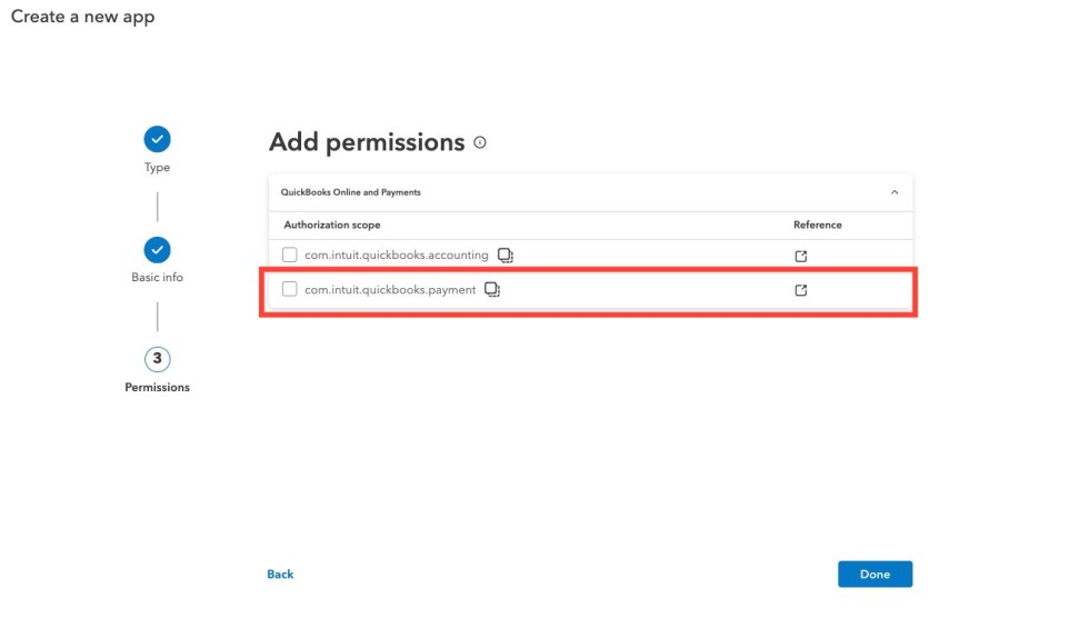 Create a New App screen to Add Permissions, with a red box highlighting the com.intuit.quickbooks.payment option.