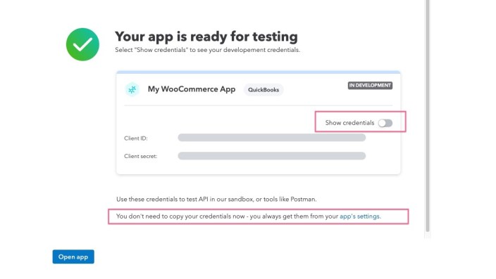 App confirmation screen, with the Client ID and Secret hidden and a toggle available to Show Credentials.