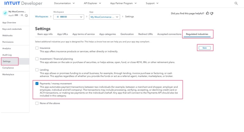 Intuit Account Settings screen showing the Registered Industries tab with a red box highlighting the Payments/money movement checkbox.