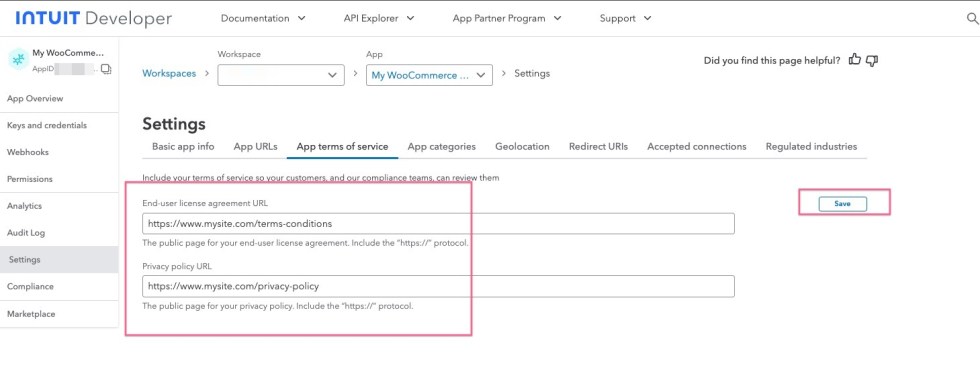 Intuit Account Settings screen showing the App terms of service tab with example URLs for End User Agreement and Privacy Policy.