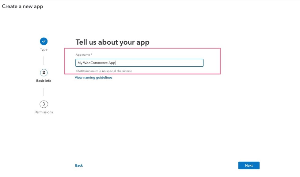 After clicking to create a new App, the first screen shows "Tell us about your app" and asks for App Name.
