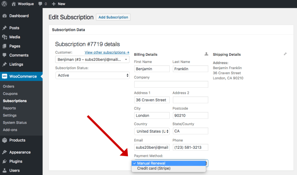 Change subscription to use manual renewal payments