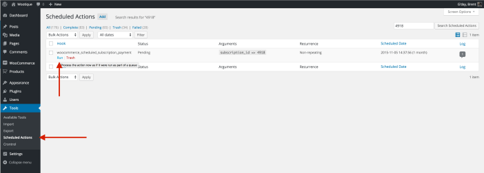 Scheduled Actions admin screen pointing to the `woo_scheduled_subscription_payment` hook.