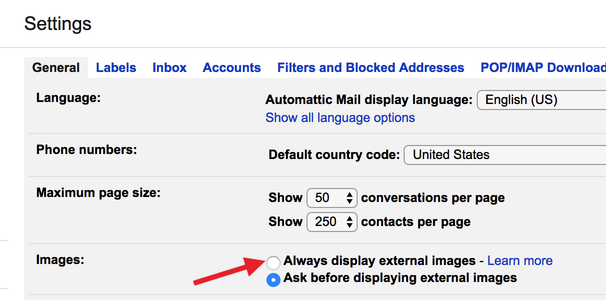 Gmail settings for displaying images