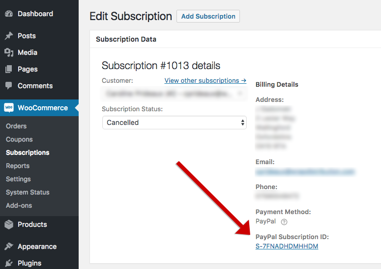 Edit Subscriptions screen with old PayPal ID