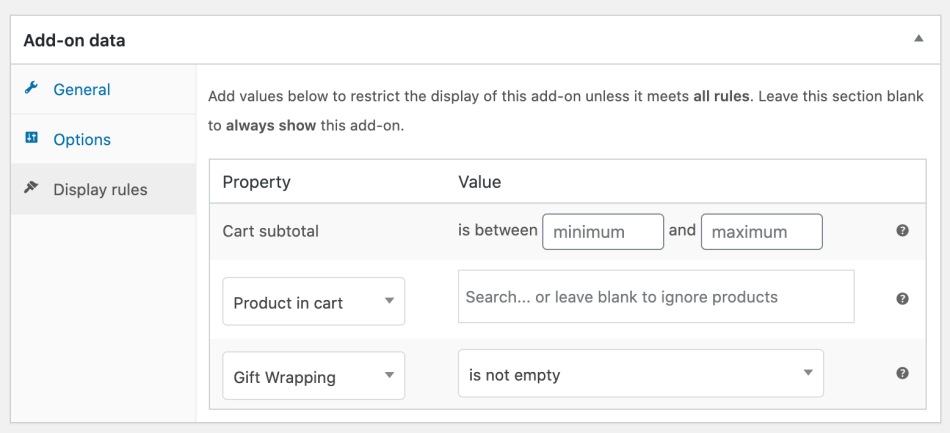 Adjusting the display rules for an add-on