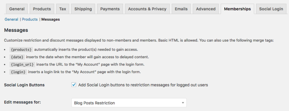 WooCommerce Social Login: memberships message settings