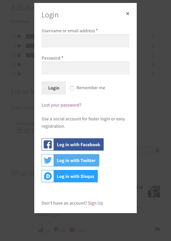 WooCommerce Social Login: cuadro de diálogo de Product Reviews Pro