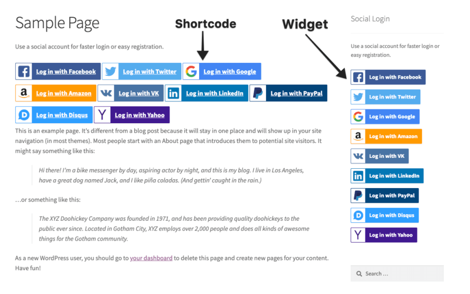 Shortcode and widget options for Social Login
