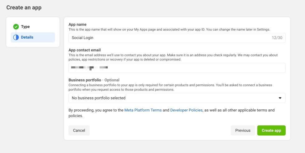 Review App details - Name, email
