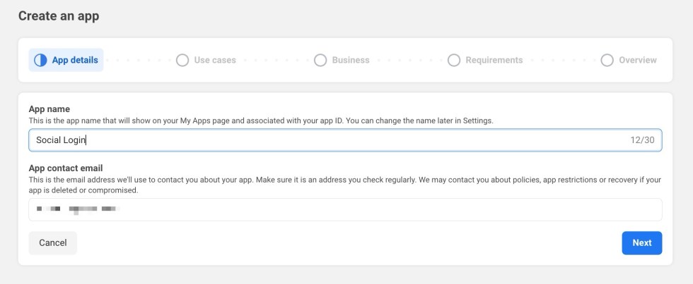 Facebook Apps - Create an App, Name the app and email