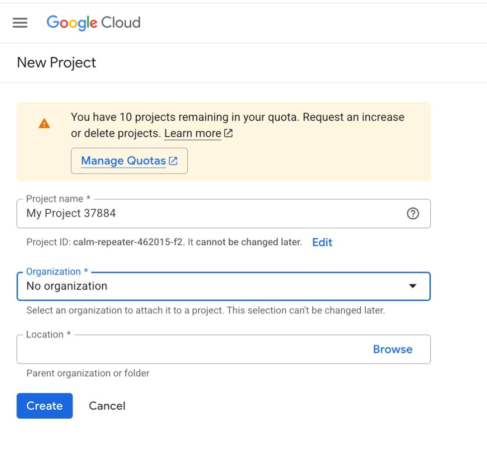 Google App Create Project Name