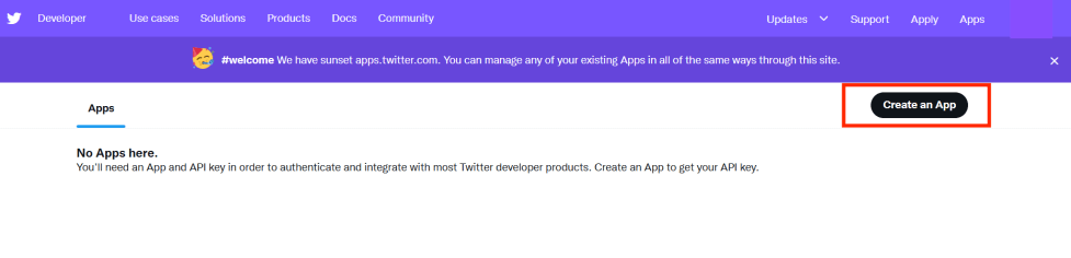 Create X App button