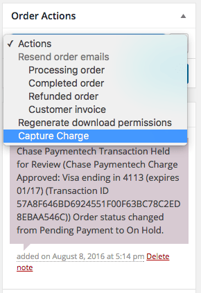 WooCommerce Chase Paymentech Capture charge