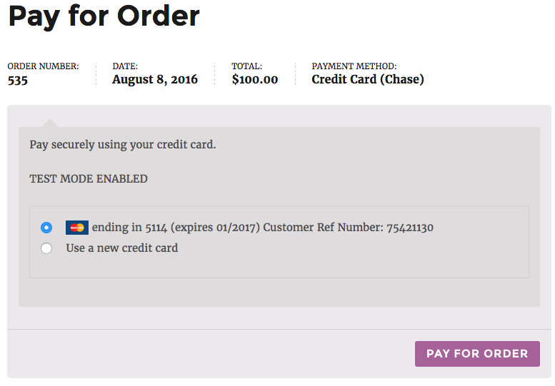 WooCommerce Chase Paymentech use saved card