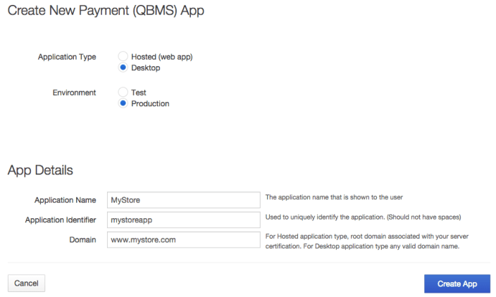 Settings for the "Create New Payment (QBMS) App, showing Application type set to Desktop and Environment set to Production.