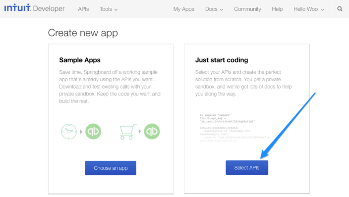 On the "Create new app" screen, a blue arrow highlights the "Select API" button under the "Just start coding" tile.