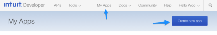 Screenshot of Intuit Account menu with blue arrows highlighting "My Apps" menu item and the "Create new app" button.