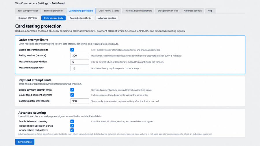 Anti-fraud card testing dashboard page settings screenshot
