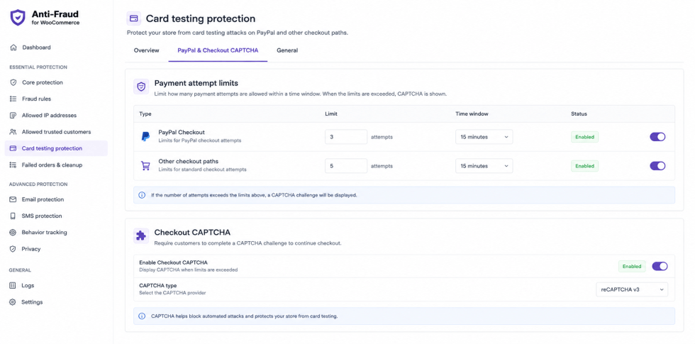 PayPal payment attempt protection settings in Anti-Fraud for WooCommerce. payment attempt limits