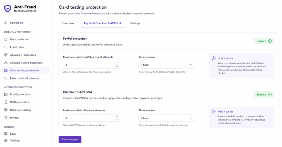  PayPal payment attempt protection settings in Anti-Fraud for WooCommerce. PayPal protection