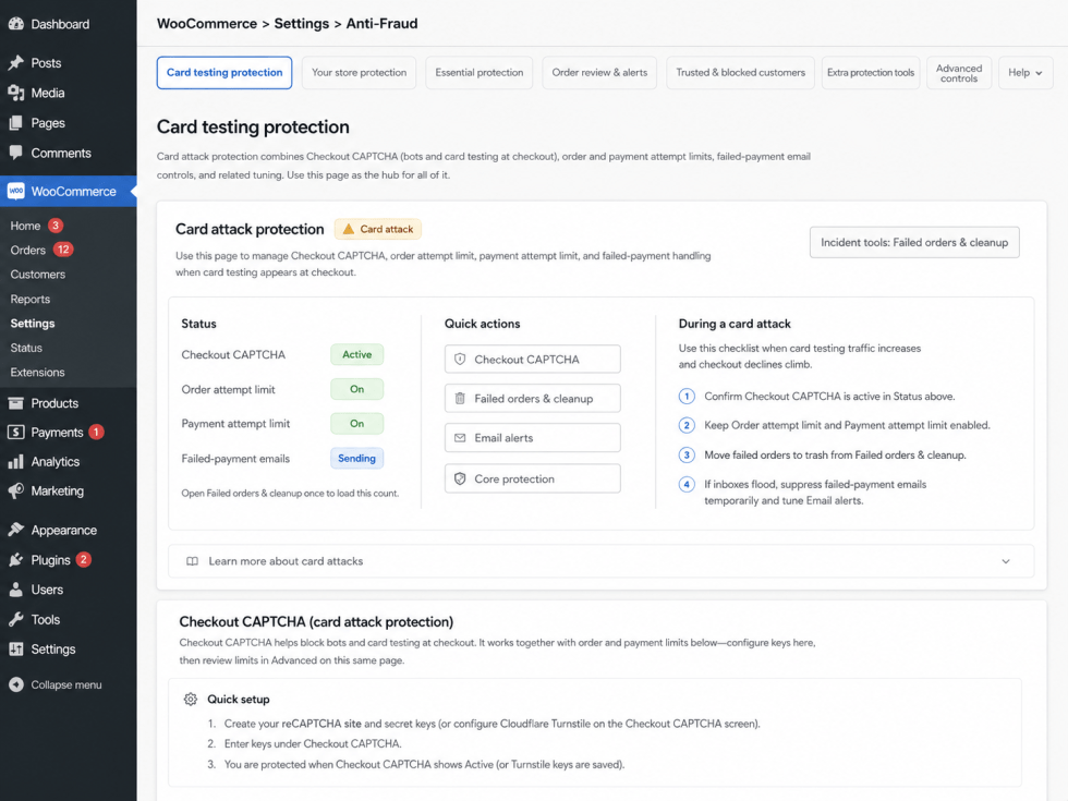 Card testing protection controls in Anti-Fraud for WooCommerce.
