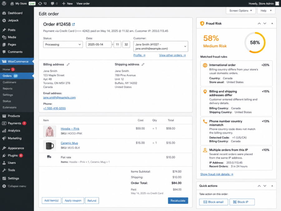 Anti-fraud Fraud order review page showing product purchased and fraud score