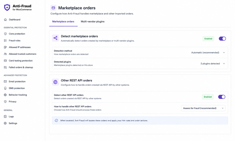 Marketplace order fraud settings for imported WooCommerce orders.