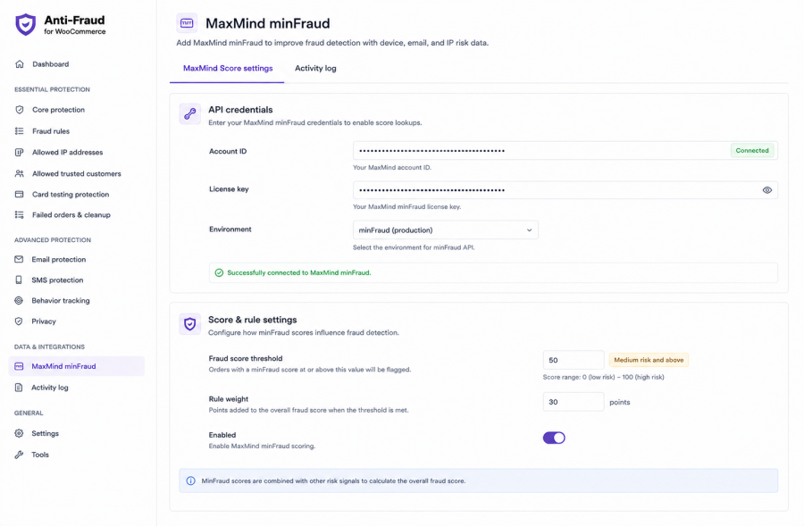 Anti-fraud MaxMind minfraud score configuration screen