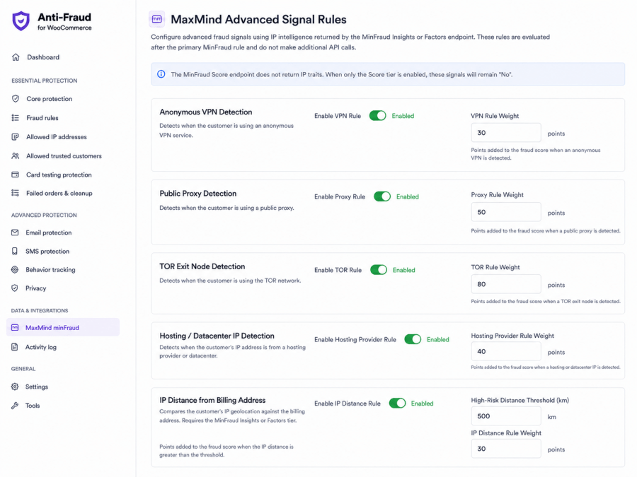 Anti-fraud MaxMind advanced page setting screen