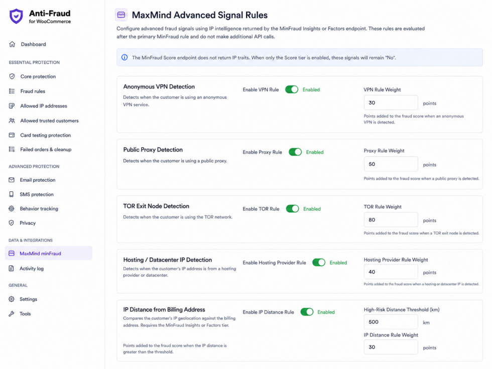 MaxMind advanced fraud signal rules for VPN, proxy, Tor, hosting, and IP distance.
