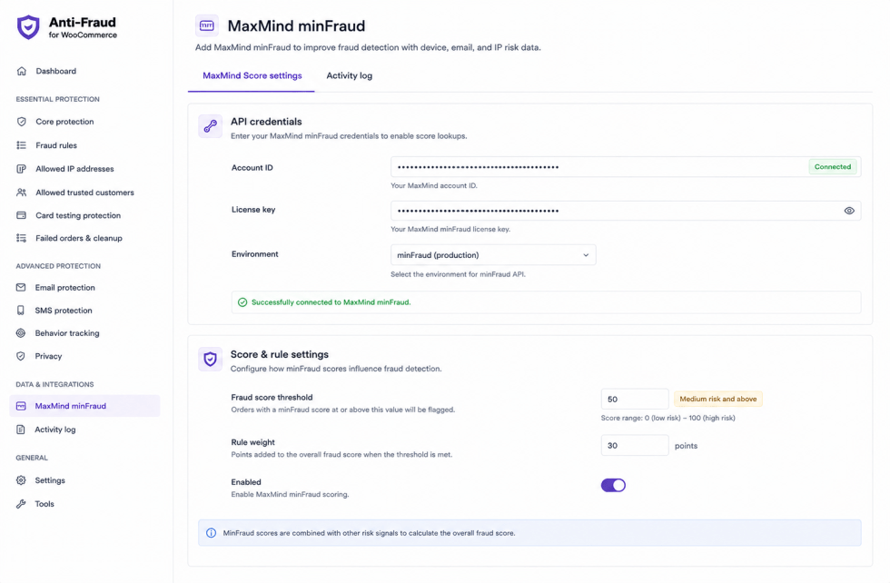 MaxMind minFraud Score integration settings in Anti-Fraud for WooCommerce.
