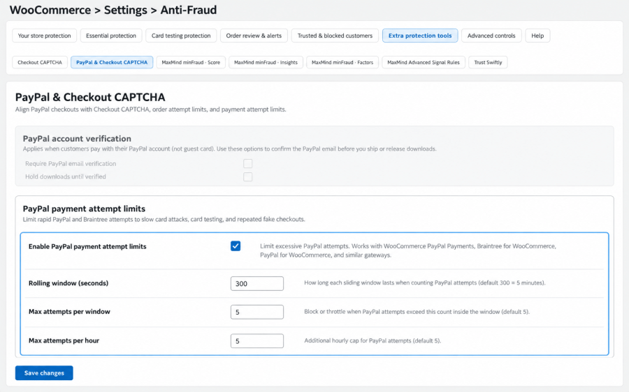 Antifraud PayPal setting screenshot