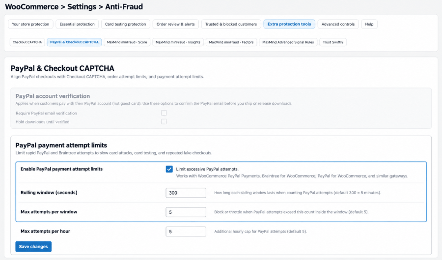 Anti-fraud PayPal setting screenshot
