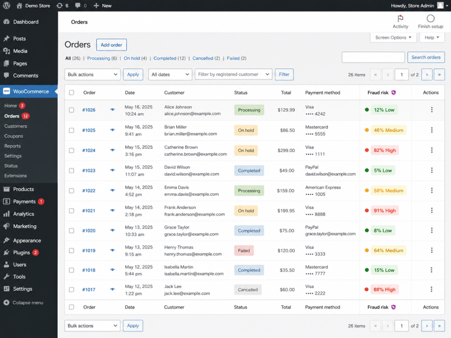 Anti-fraud order screen with different risk levels