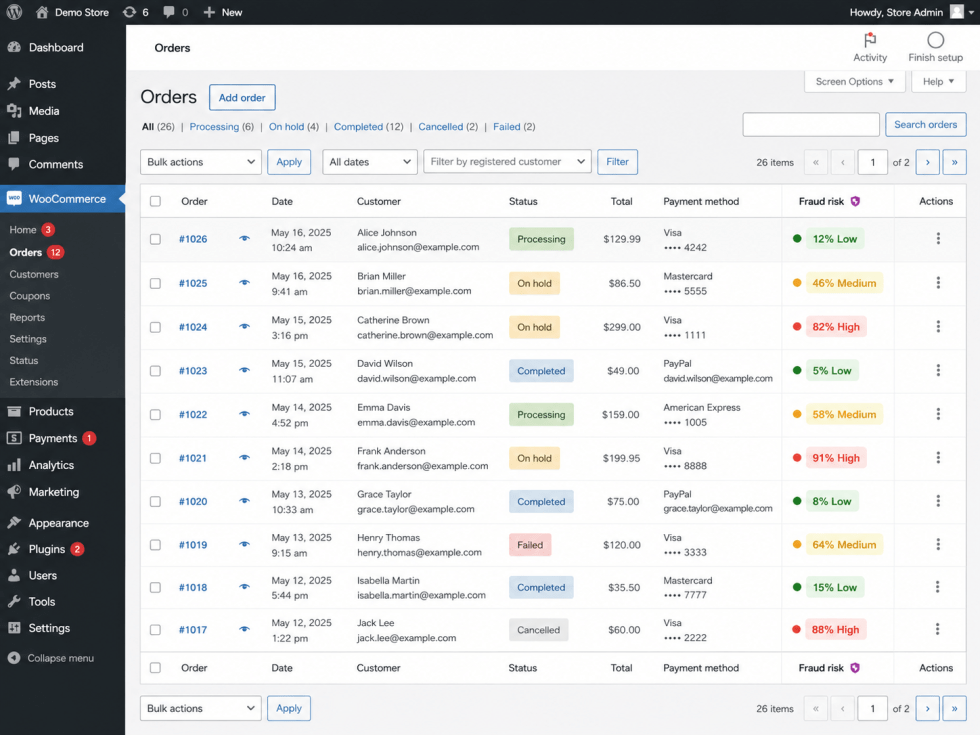 WooCommerce orders showing Anti-Fraud risk indicators.