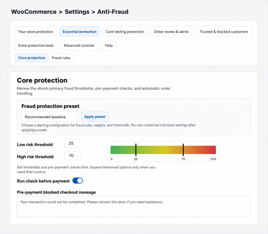 Anti-fraud core protection settings