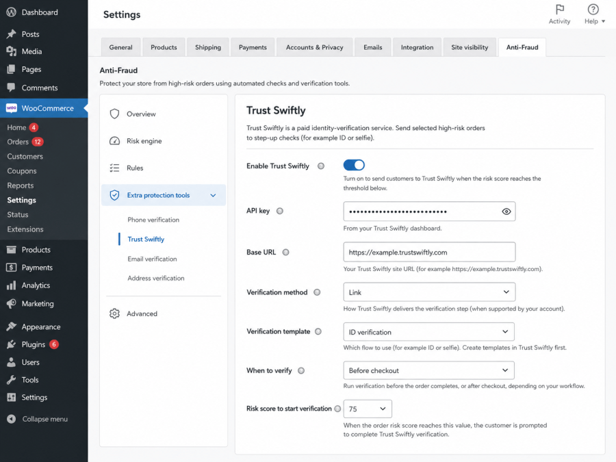 Anti-fraud Trust Swiftly account settings
