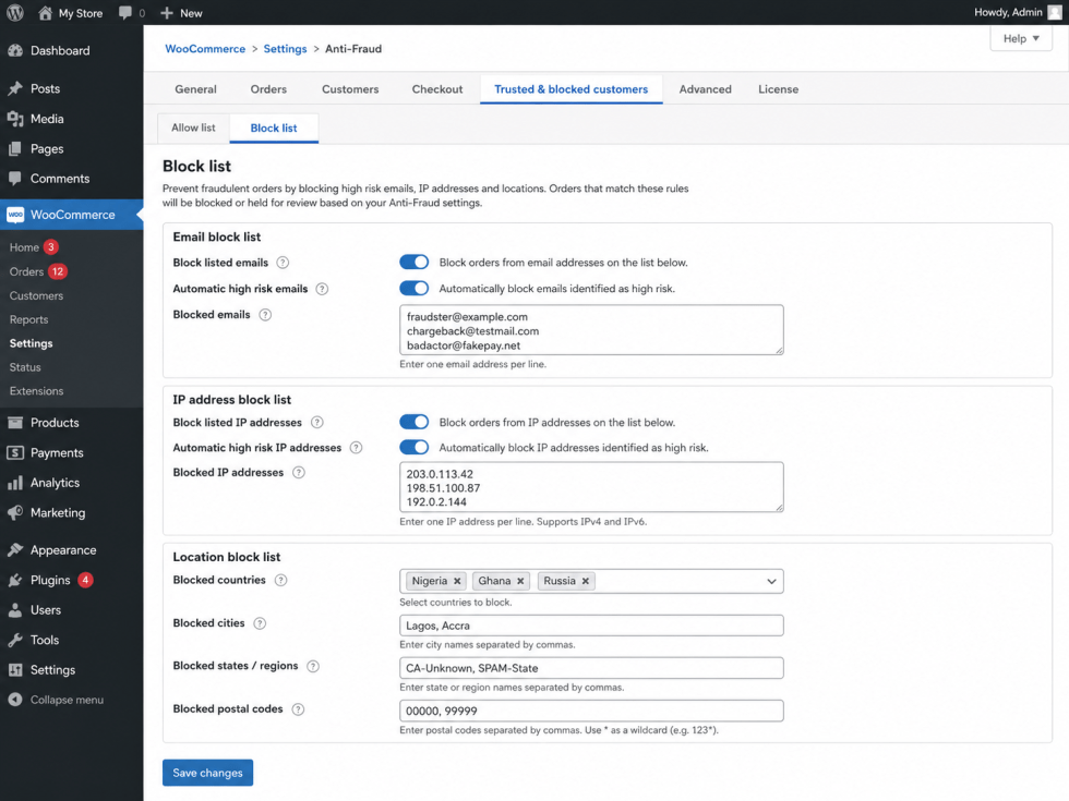 Anti-Fraud block list for email, IP, phone, and location information.