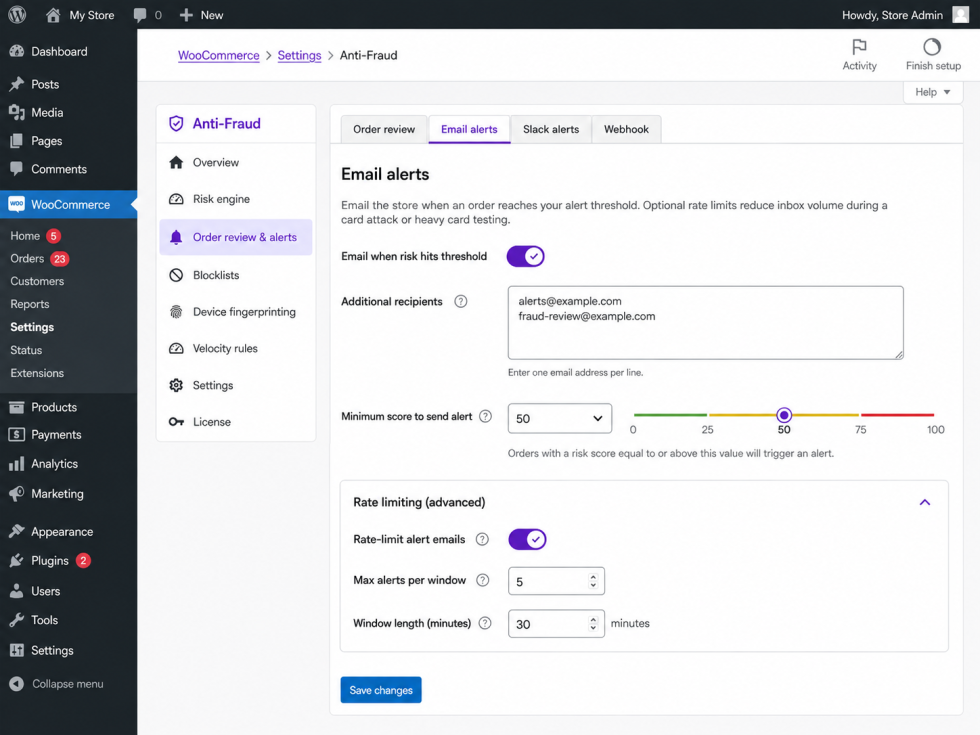 Anti-Fraud email alert and notification rate-limit settings.