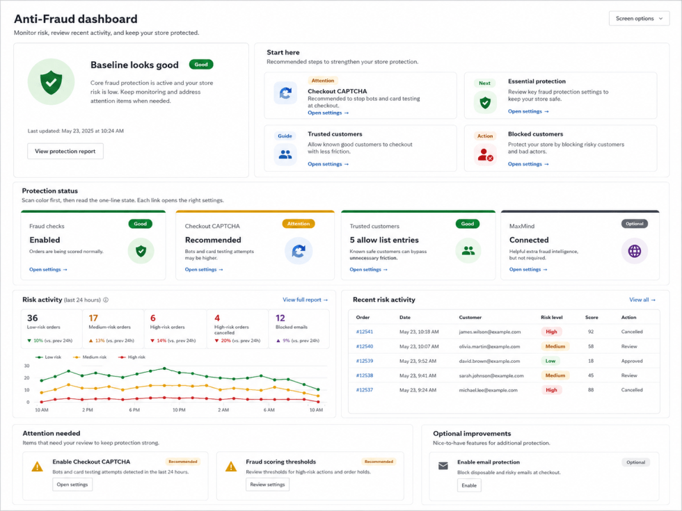 Anti-Fraud dashboard showing recent WooCommerce fraud risk activity.
