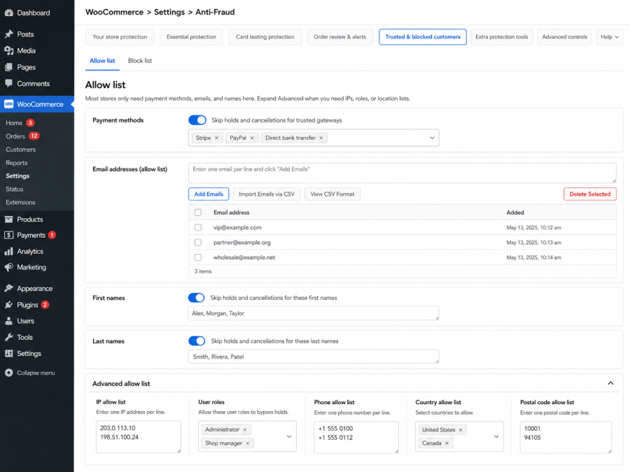 Anti-fraud allow list setting page