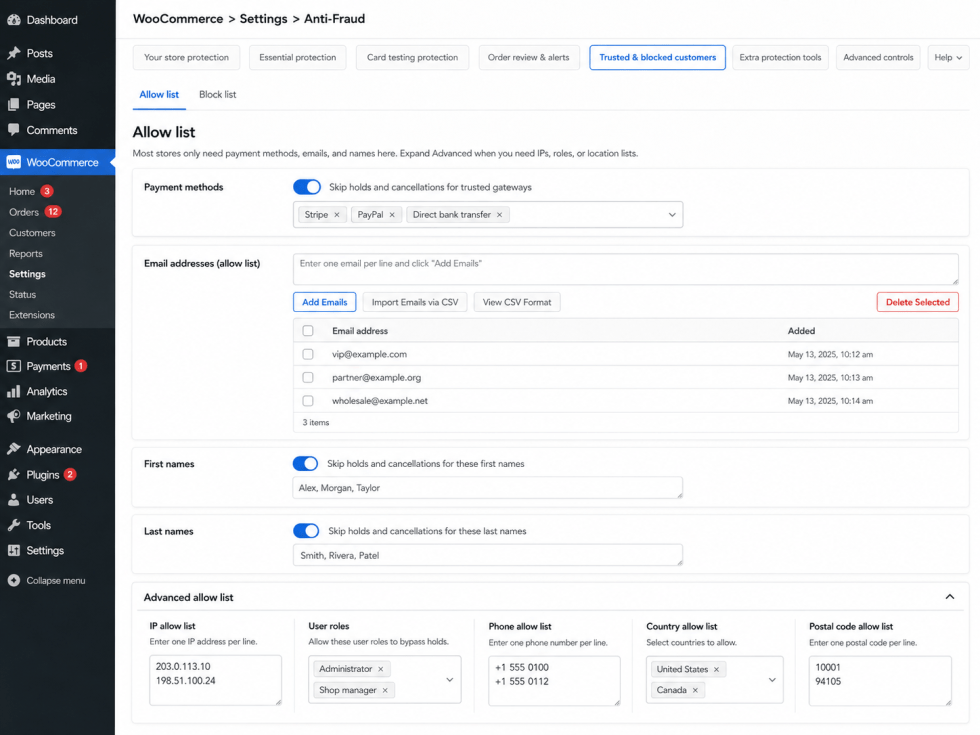 Allow list page showing several categories without displaying real customer information.
