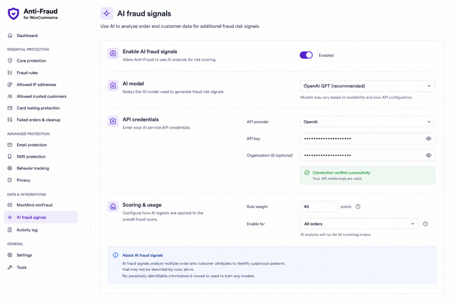 Anti-fraud AI enabled settings page