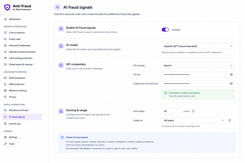 Optional AI fraud signal settings in Anti-Fraud for WooCommerce.