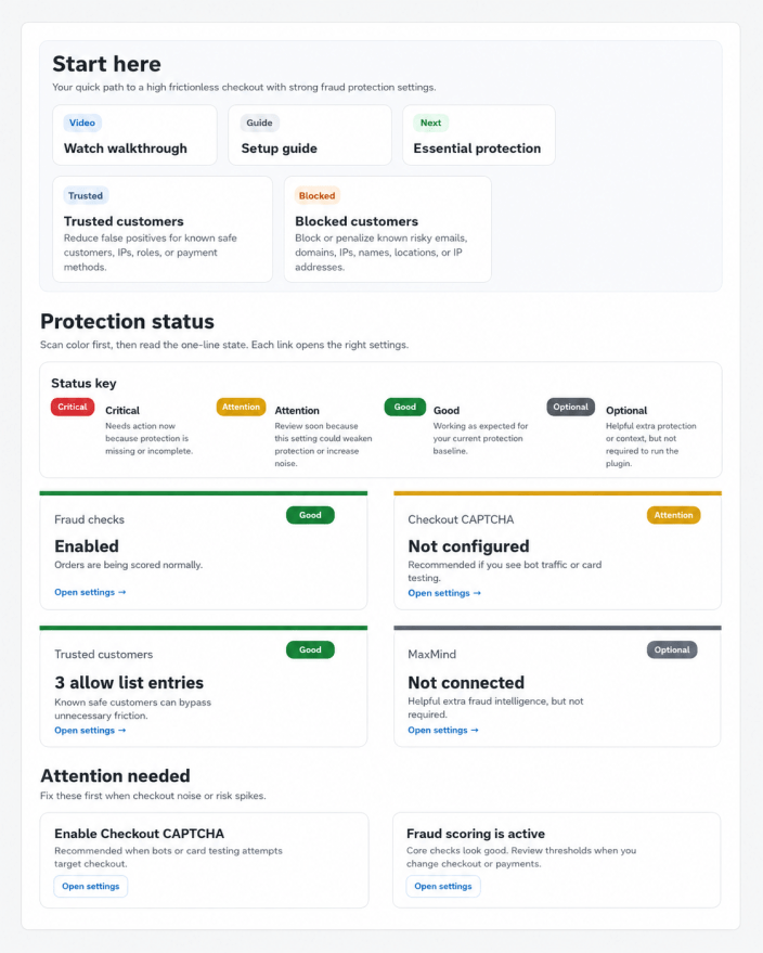 Anti-Fraud for WooCommerce Core protection settings showing risk thresholds, fraud protection preset, pre-payment fraud check, and blocked checkout message.