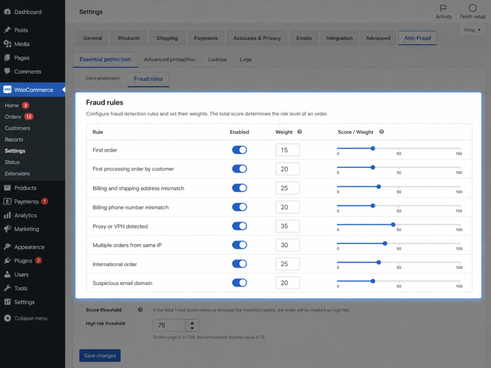 Anti-Fraud rules with configurable risk weights.