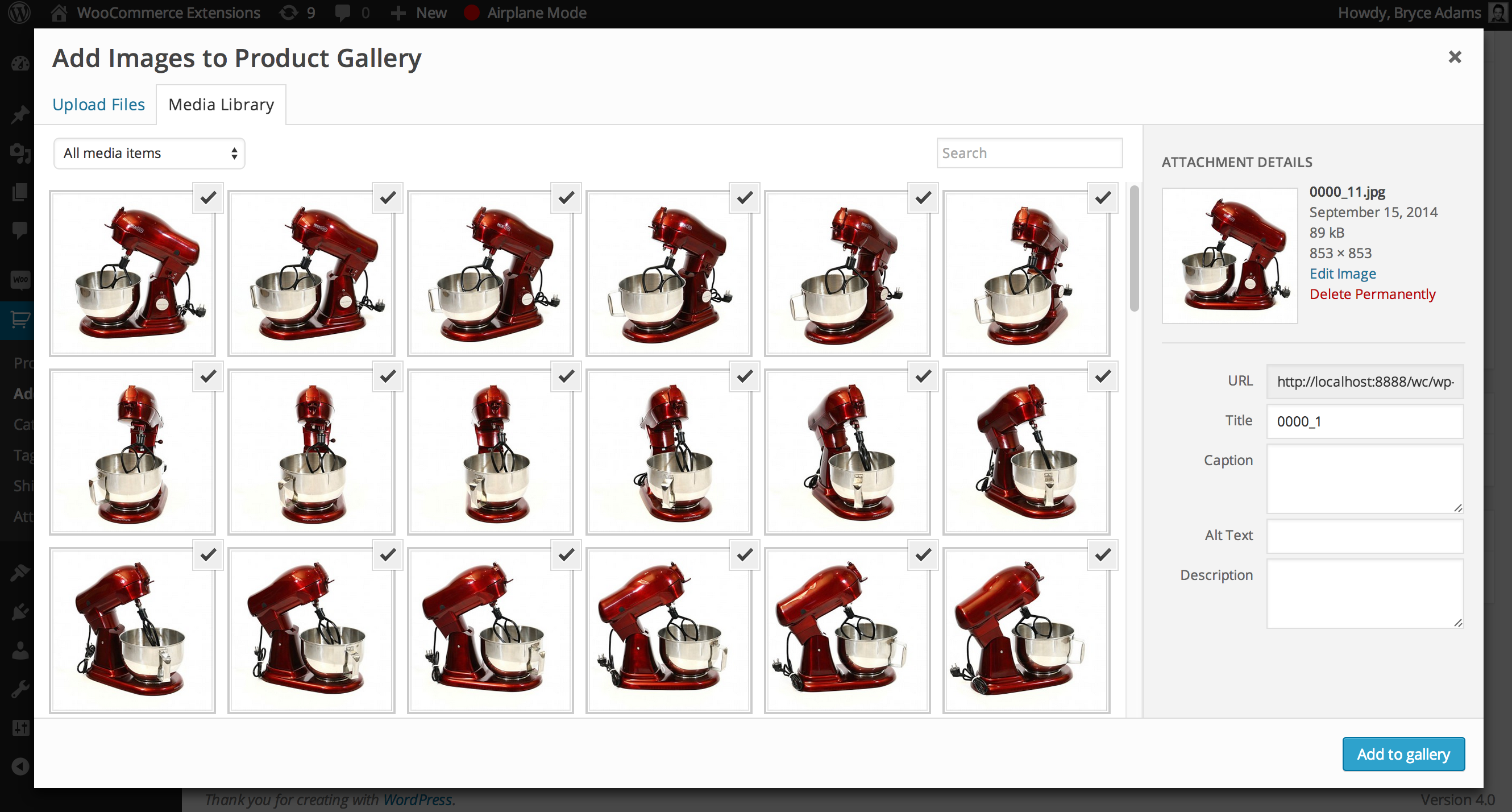 View of images at various angles of rotation as seen in the Add Images to Product Gallery modal