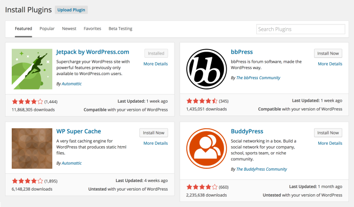 The new plugin search page in the WordPress 4.0 dashboard